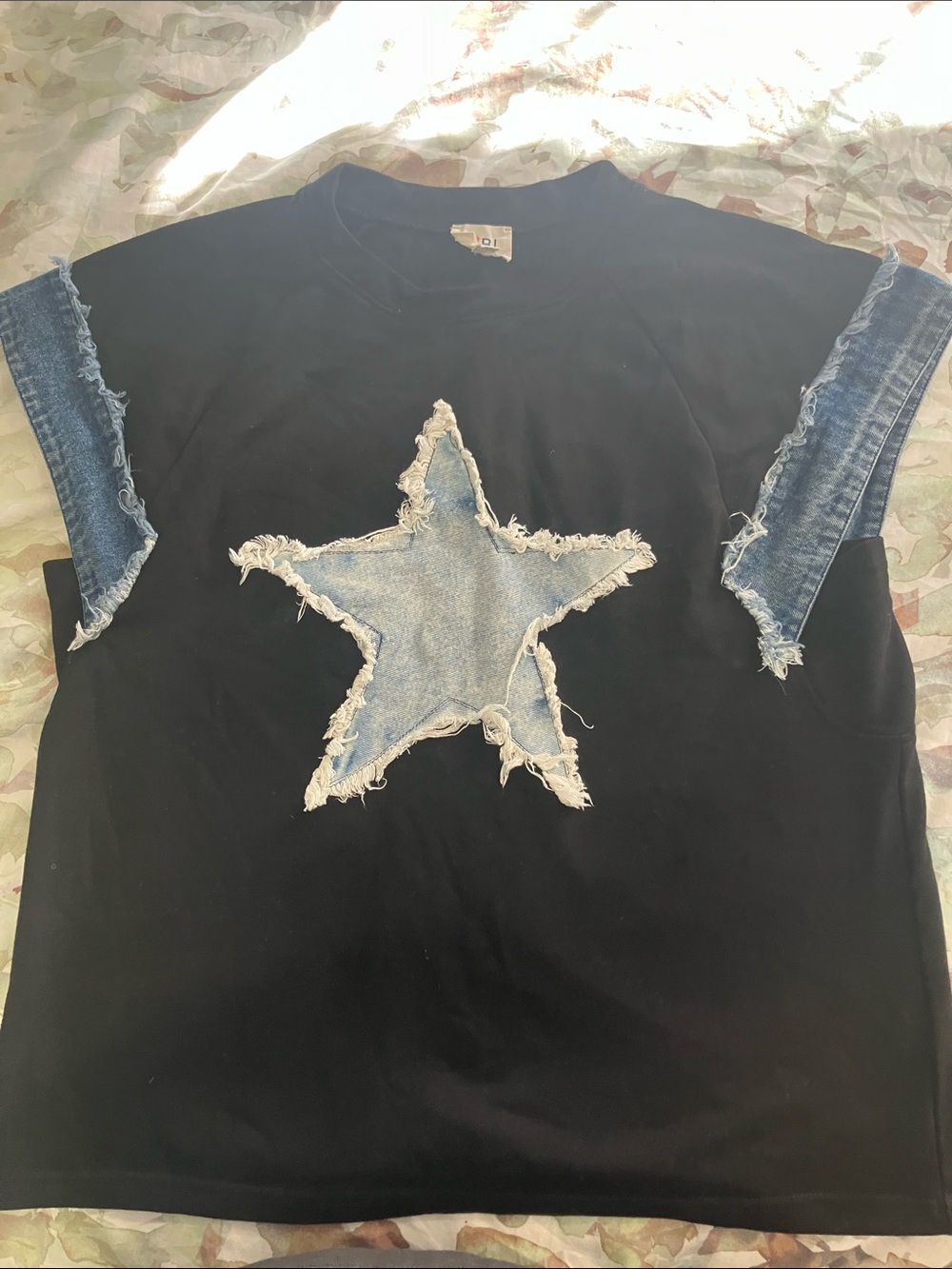 BiBi Black Muscle Tee with Distressed Denim Star
